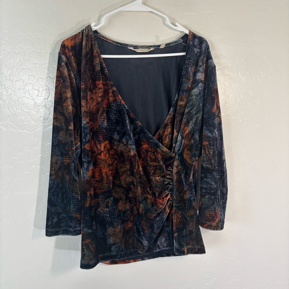 Soft Surroundings XL Alyssa Ruched Velvet Velour Top V Neck 3/4 Sleeve Floral